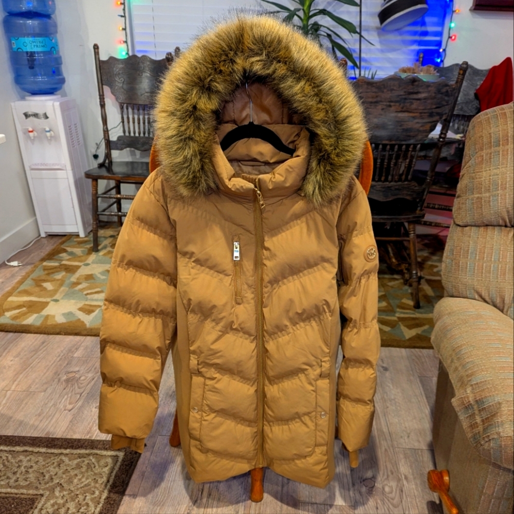 Michael Kors Tan Taupe Long Puffer Coat Faux Fur Trimmed Hood Size 2X